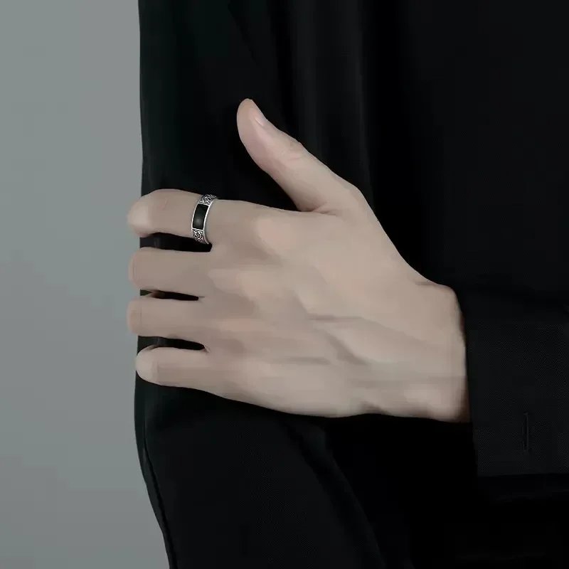 Trendy Vintage Silver Ring for Men Jewelry Black Rectangle Retro Dragon Pattern Ring Male Rings Adjustable 남자 반지 남자친구 선물