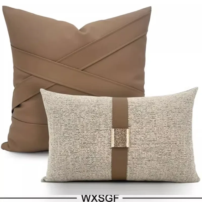 Cotton Linen Pillowcase Simple Morden Coffee Color Cushion Cover with Gold Buckle Throw Pillow Cover Sofa Decor