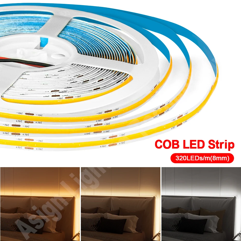 DC24V COB LED Strip Light 320LEDs/M RA90 High Density Flexible Diode LED Tape 3000K 4000K 6000K for Room Decor 8mm COB Led Light