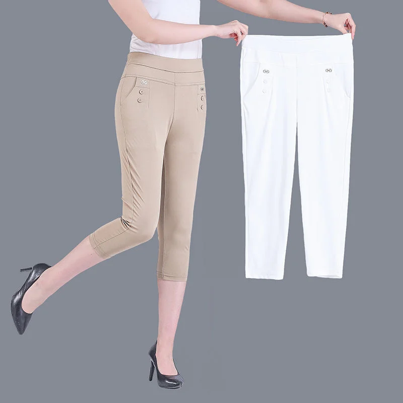 Women Capris Fashion High Waisted Stretch Skinny Pencil Pants Casual Slim Solid Color Calf Length Pants Summer Women\'s Breeches