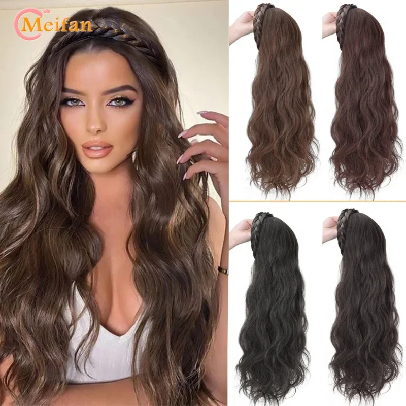 MEIFAN Synthetic Long Water Wavy Headband Wig Clip in Hair Extension Fluffy Natural Half Wig Daily Straight Wig With HairBand E
