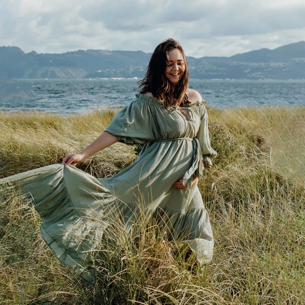 Boho Maternity Photography Dress Sage Green Off Shoulder Ruffle Sleeve Tiered Flowy Long Skirt Pregnant Photo Prop