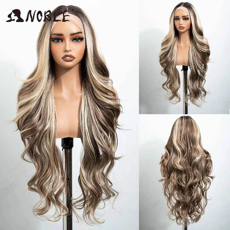 NOBLE 30 Inch Body Wave Synthetic Lace Front Wig 13X4 Ombre Brown Blonde Highlight Wig Glueless Heat Resistant Wigs For Women