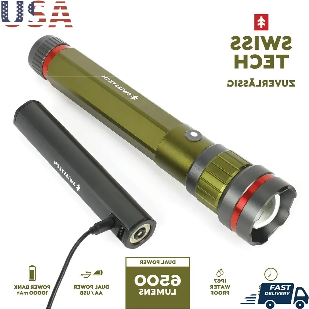 

6500 Lumen LED Flashlight Rechargeable Dual Power USB AA IP67 Waterproof Outdoor Emergency 4 Modes Power Bank Charging Bank