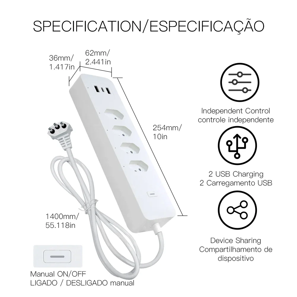 WiFi Brazil Smart Power Strip Surge Protector 4 Brazil Plug BR Outlets Socket USB Type C Tuya App Voice Control by Alexa Google