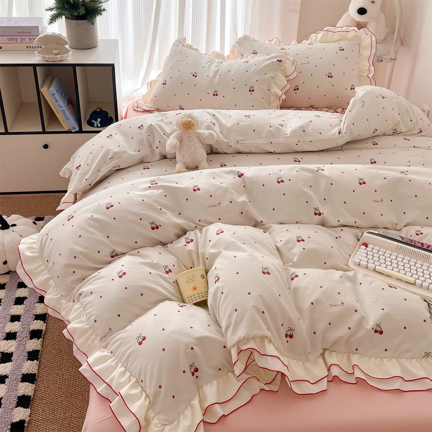 Korean Sweet Cherry Print Ruffles Bedding Sets oft Washed Cotton Duvet Cover Set Cute Princess Style Bedding for Girls Bedroom
