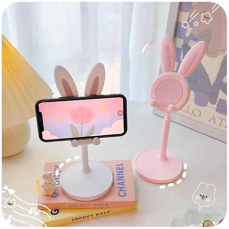 Rosa Telefonhalter Desktop-Handyständer für iPhone Samsung Tablet Smartphone verstellbar schöne Kaninchen Cartoon Tischunterstützung
