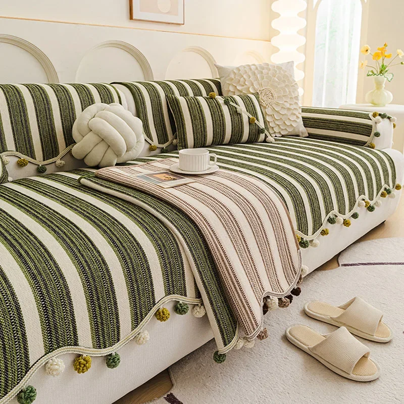 Stripe Chenier Sofa Cushion with Fur Balls Irregular Anti-Slip Sofa Cover for Living Room Cozy Wear-Resistant Couch Slipcover