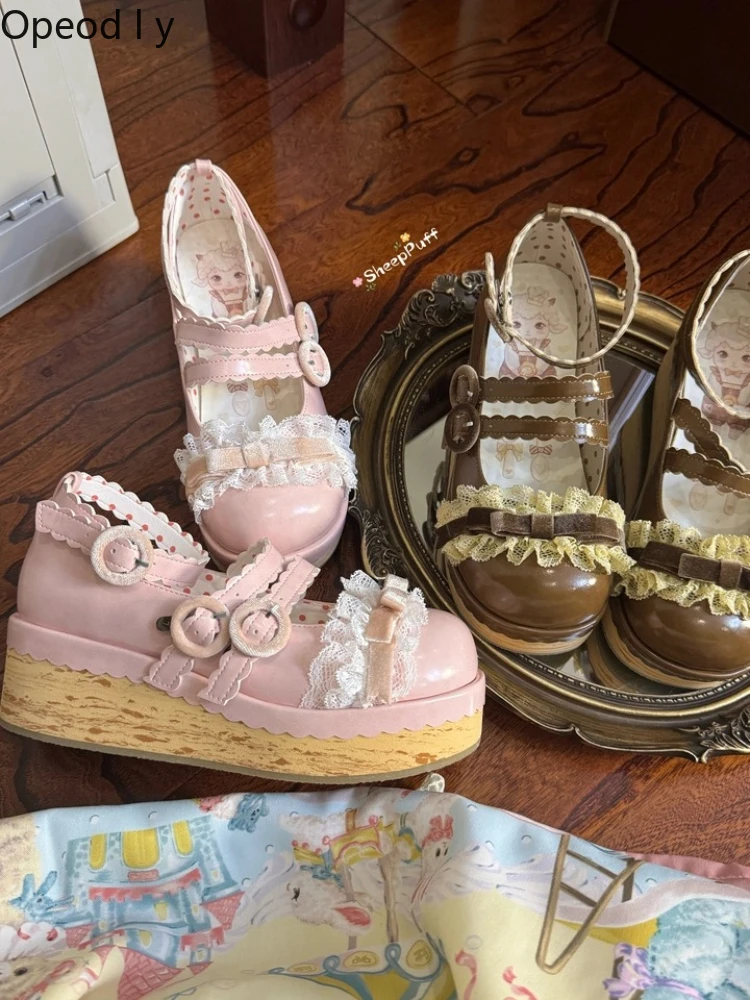 

Elegant Retro Japanese Original Lolita Platform Muffin Shoes Sweet Doll Lace Shallow Mouth Mary Jane Women's Single Shoes