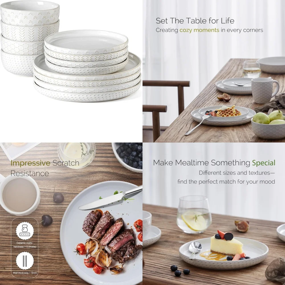 طقم أدوات مائدة سيراميك طقم أواني طعام سيراميك يتضمن 12 قطعة أطباق وأوعية طقم أطباق حجري أنيق مثالي لـ #1