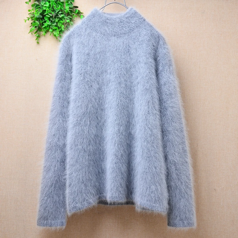 Women Mujer Autumn Winter Clothing Grey Hairy Angora Rabbit Hair Knitted Turtleneck Long Sleeves Slim Blouses Pullover Sweater