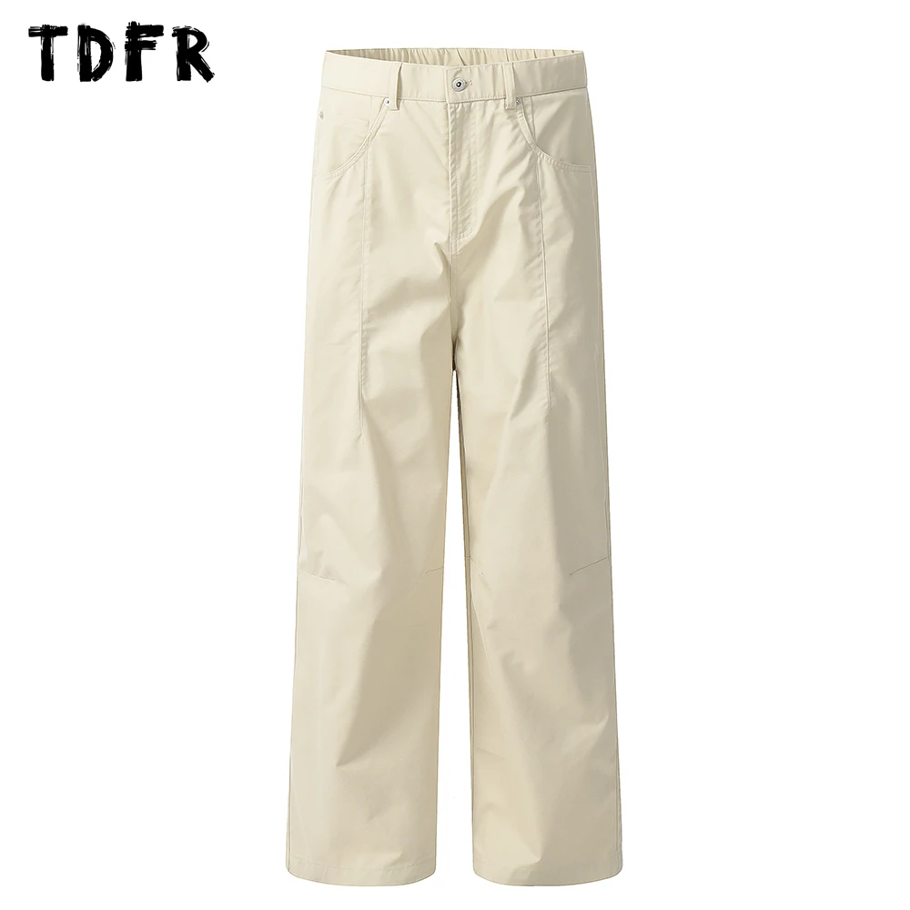 

Solid Color Cargo Pants Mens Pocket Retro Casual Simple Elastic Waist Straight Loose Wide Leg Trousers Men