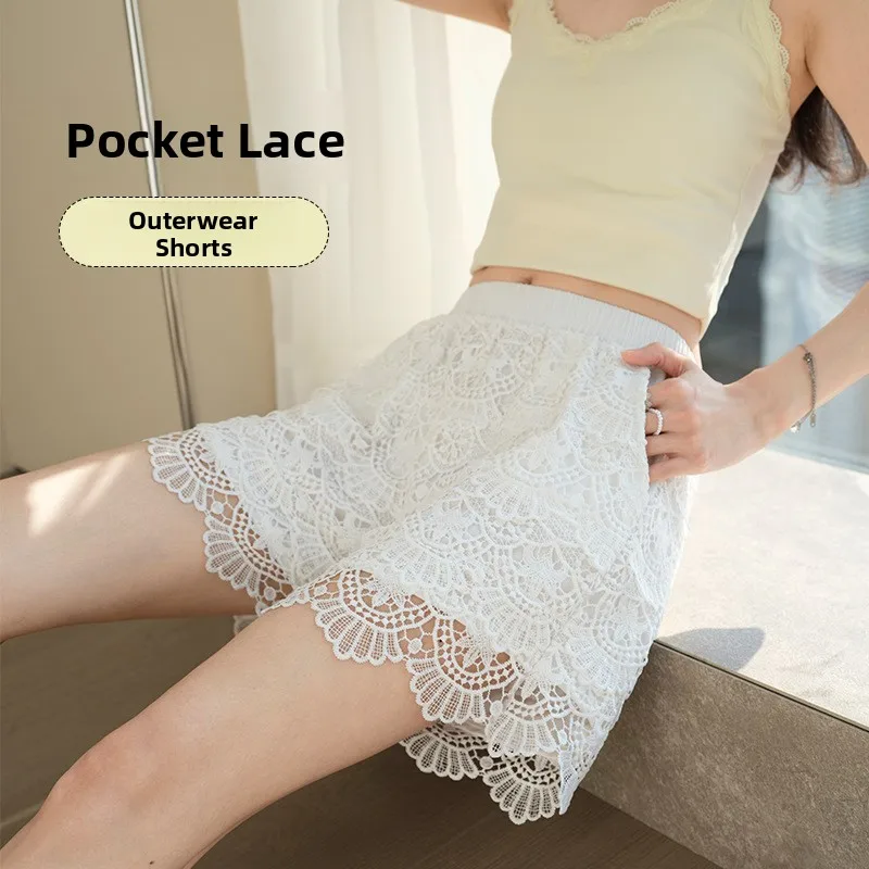 Casual Loose Embroidered Lace Shorts Home Wear Three-quarter Length Safety Pants Ladies Fashion Spring Season Non-fleece-lined