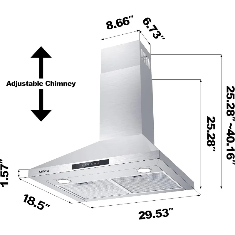 CIARRA Range Hood 30 inch 760m3/h Ductless Stove Hood Vent for Kitchen in Stainless Steel, Ducted and Ductless Convertible