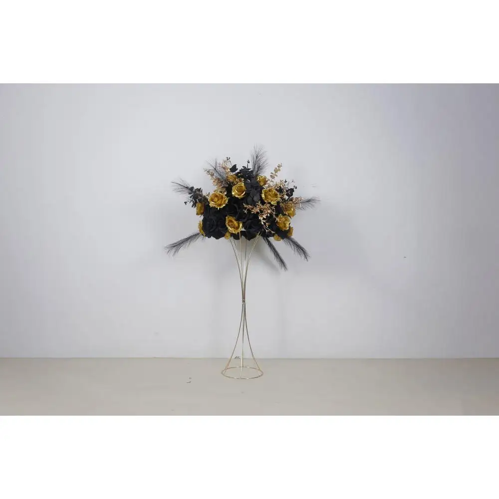 

IFG 2025 New Designed 60cm Wedding Black Flower Ball with Black Ostrich Feather and Gold Leaves Decor