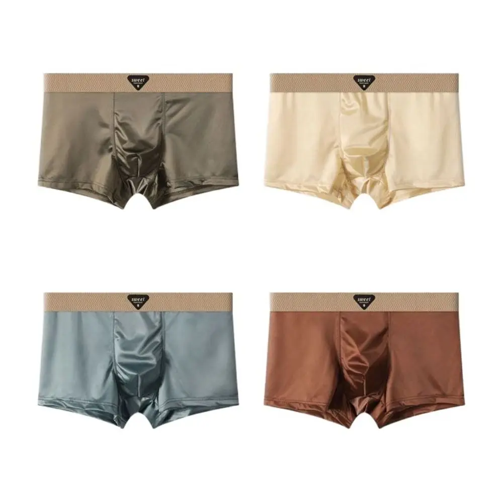 4 Uds. Calzoncillos Boxer finos de seda satinada, calzoncillos sin costuras, Boxers de seda helada, lencería de cintura media, ropa interior para hombres, regalos