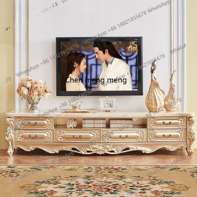 

European solid wood TV cabinet, marble gold foil TV cabinet coffee table combination 2 meters 2.4 meters floor cabinet