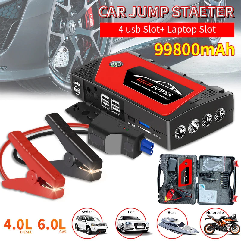 New Portable 99800mAh Car Battery Jump Starter 600A 12V Output 4 Usb Emergency Start-up Booster Charger for Auto Starting Device