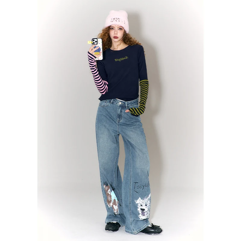 ELFSACK Trendy Graffiti Animal Print Wide Leg Jeans For Women