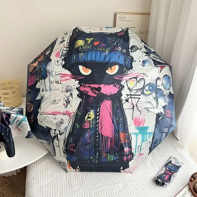 

Doodle Cat Зонт УФ-Черный Клей Солнцезащитный Зонт Солнцезащитный Зонт Двойного Использования Автоматическое Открытие Три Складной Зонт Студенческий Солнцезащитный Козырек