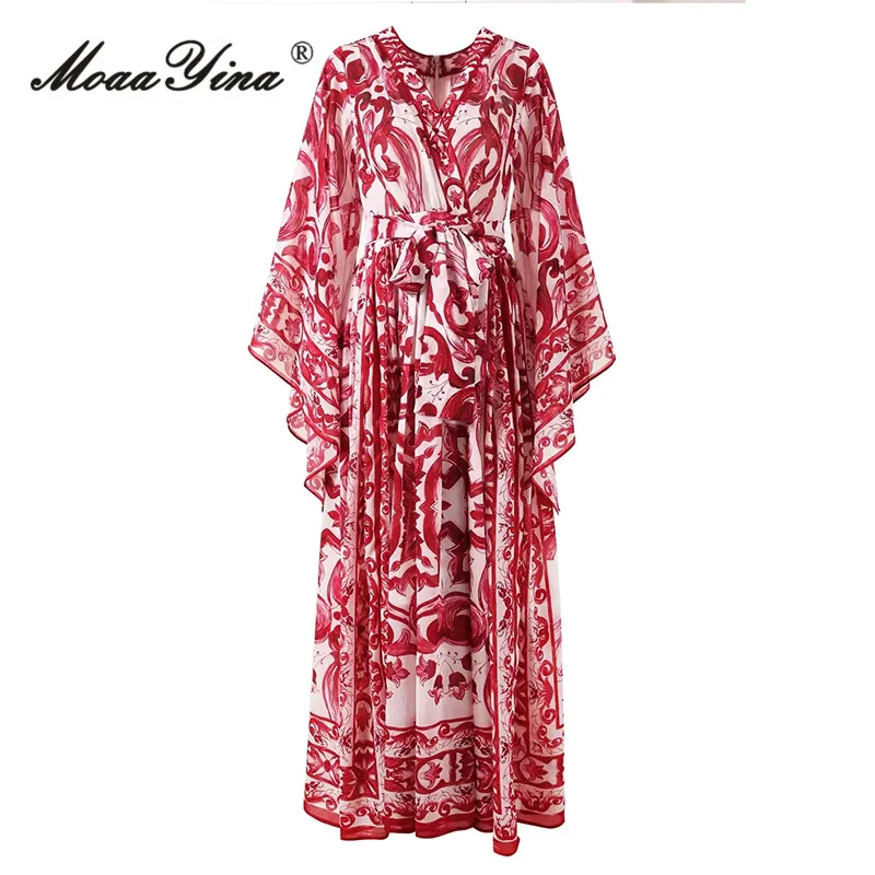 MoaaYina Summer Fashion Designer Vintage Casual Dress Women's V-Neck Bow-frenulum Red Flower Porcelain Printing Maxi Long Dress