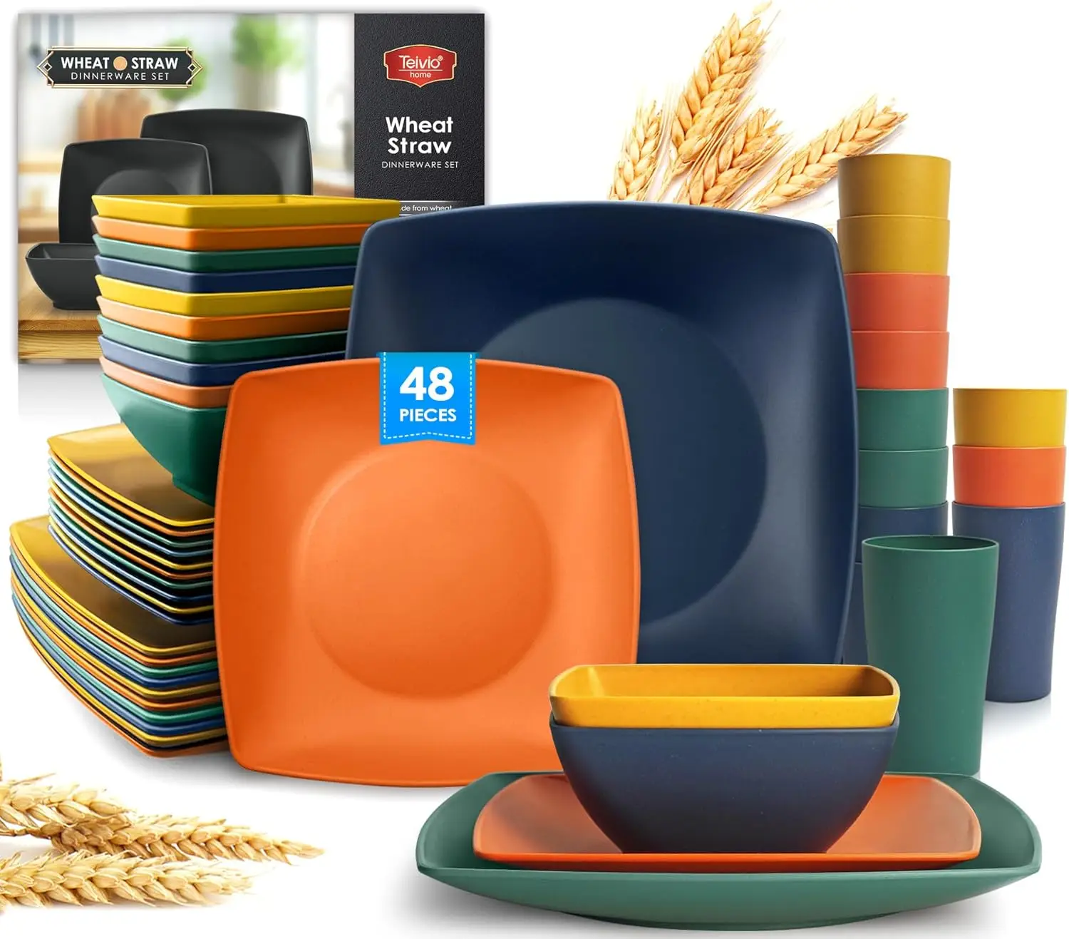 

48-piece Kitchen Plastic Wheat Straw Square Dinnerware Set for 12, Unbreakable Dinner Plates, Salad Plates,Tumblers 13.5 oz