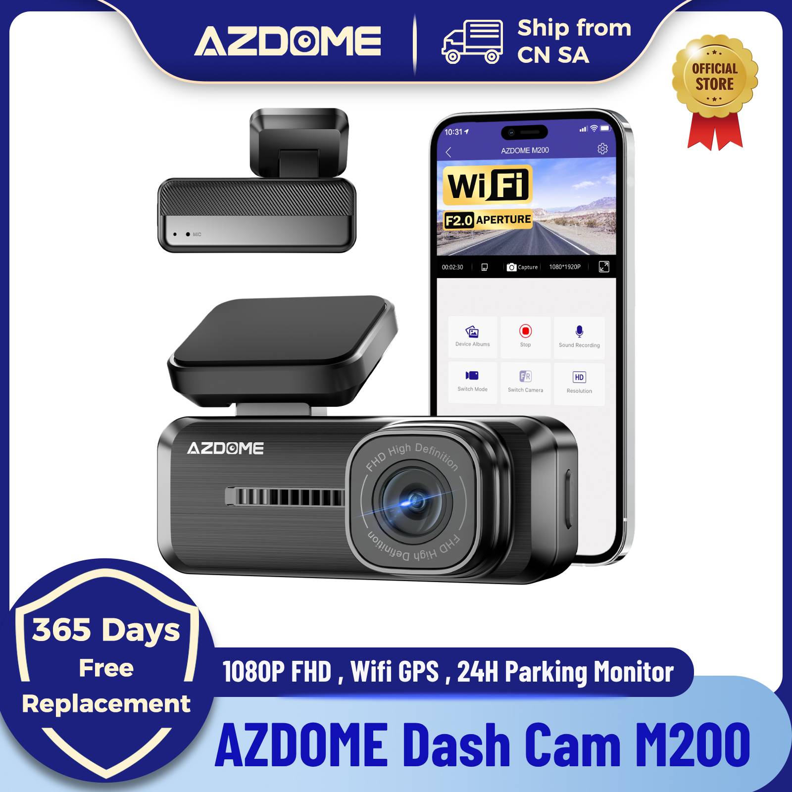  AZDOME Dash Cam M200 1080P FHD Wifi GPS Car Camera English Voice Control Car DVR Night Vision G-Sensor 24H Parking Monitor 