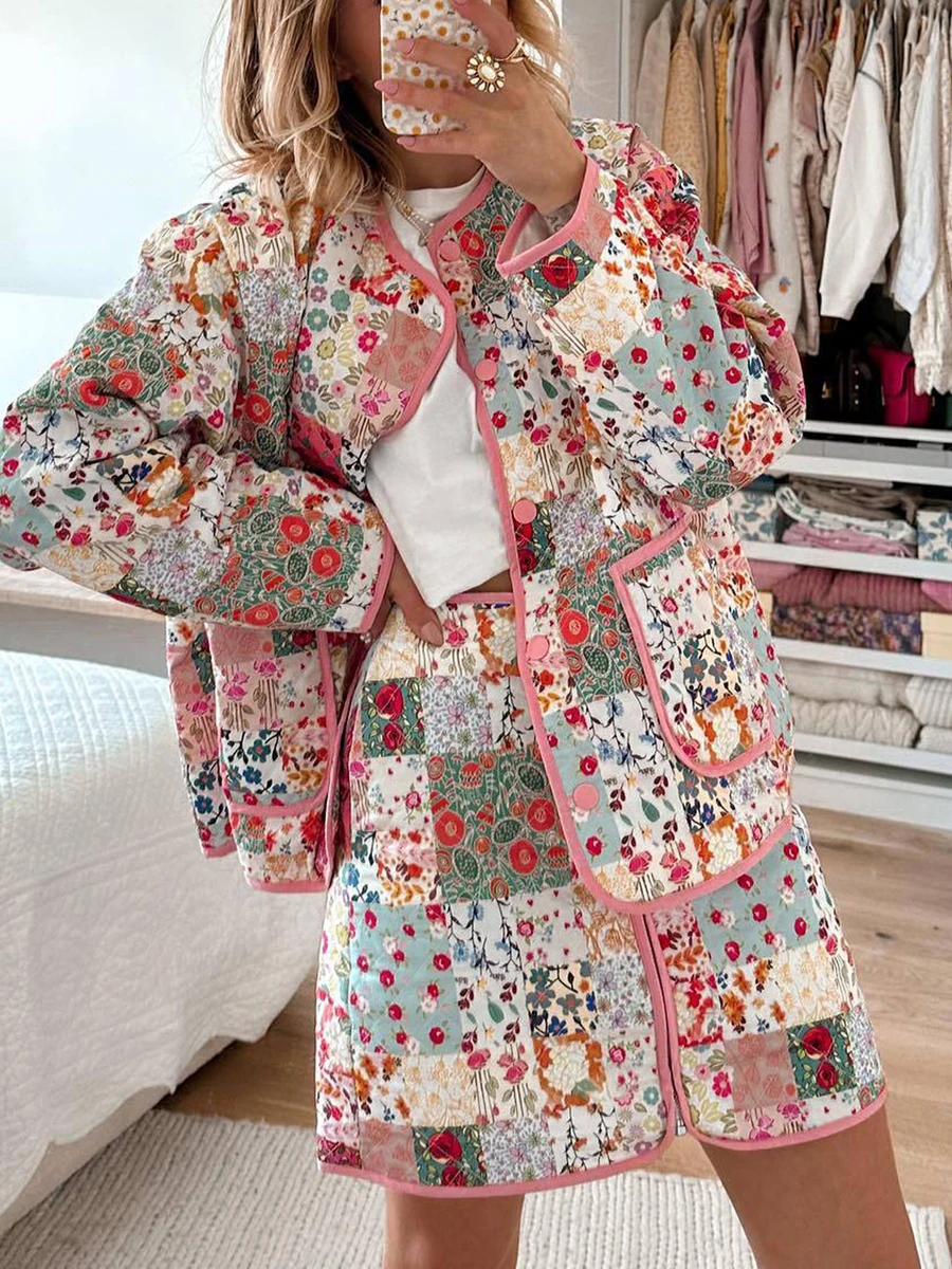 Vrouwen Winter Rokken Outfits Bloemenprint Knopen Lange Mouwen Dunne Gewatteerde Gewatteerde Jas Mini Rokken 2 Stuks Kleding Set