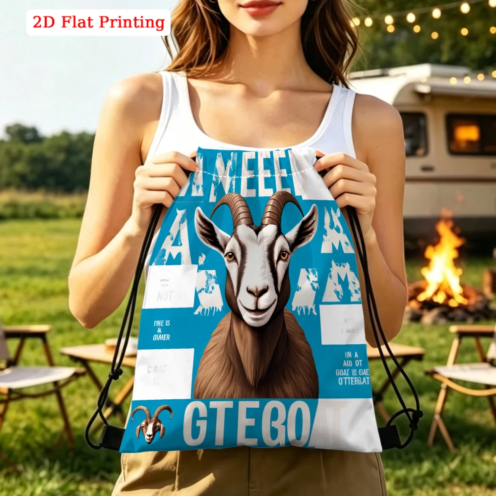 2D Flat Printing, Drawstring Backpack, Funny Goat Graphic Pattern, Fitness Sports Backpack, Outdoor Travel Drawstring Bag