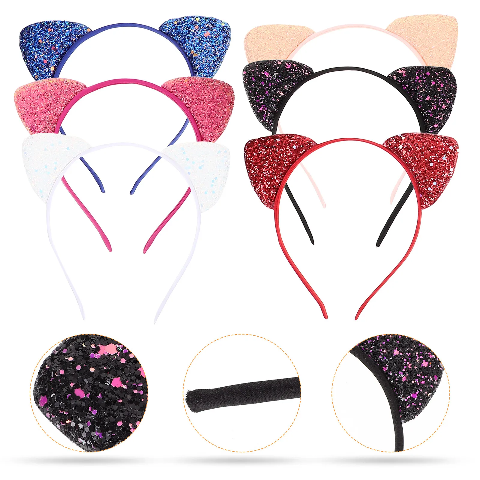 6Pcs Sequin Cat Ears Headband for Girl Cute Lightweight Fabric Headband with Cat Ears Decor Perfect for Costume Party Carnival