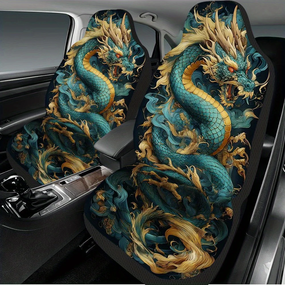 2pcs Chinese New Year Dragon Print Car Seat Covers – Front Seat Protectors For Cars, SUVs & Sedans, Durable Design, Easy To Ins