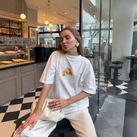 Fashion American Ins Niche Design Croissant Print T Shirt Women Pure Cotton Y2k Round Neck Drop Shoulder Short Sleeved T Shirt