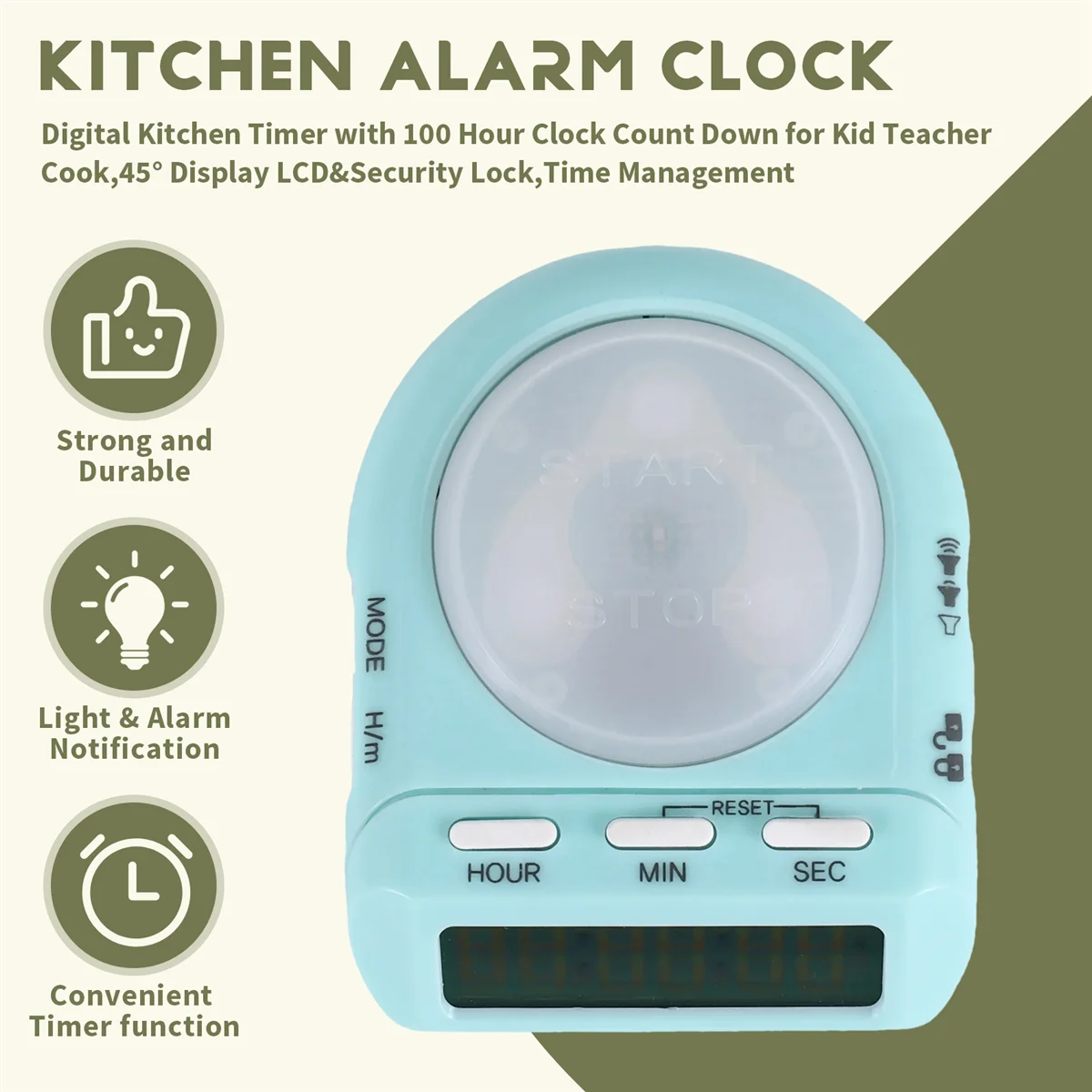 AA58 Digital Kitchen Timer with 100 Hour Clock Count Down for Kid Teacher Cook,45° Display LCD&Security Lock,Time Management