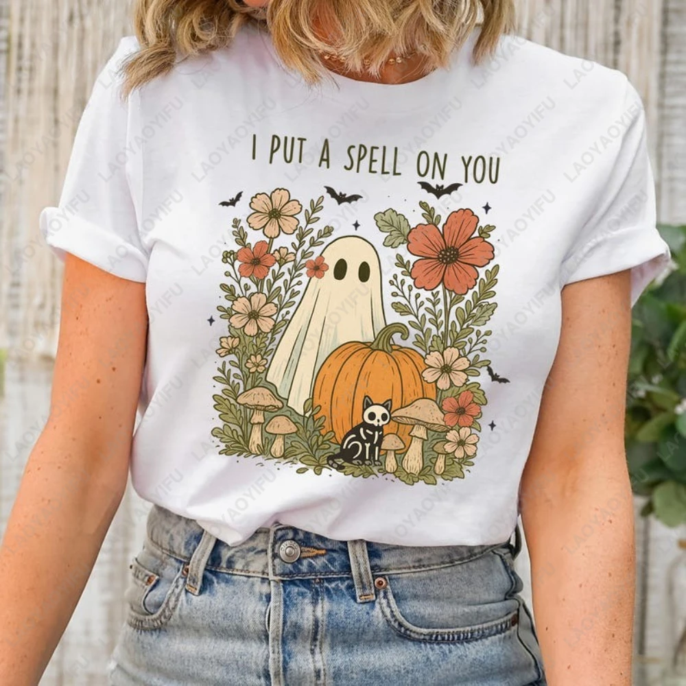 Floral Halloween Ghost Cat Skeleton Graphic T Shirts Spooky Season Woman Men Pumpkin Print Lovely Ghost Floral Tops Tshirt