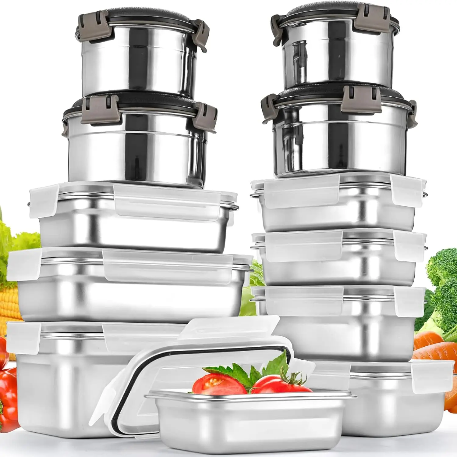 

12-Piece Stainless Steel Food Storage Containers with Lids, Leakproof Airtight for Meal Prep, Lunch Boxes