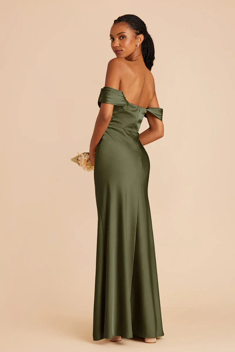 QueensLove Bridesmaid Dress Army Green Evening Dress Off the Shoulder High Split Satin Backless Party Dress