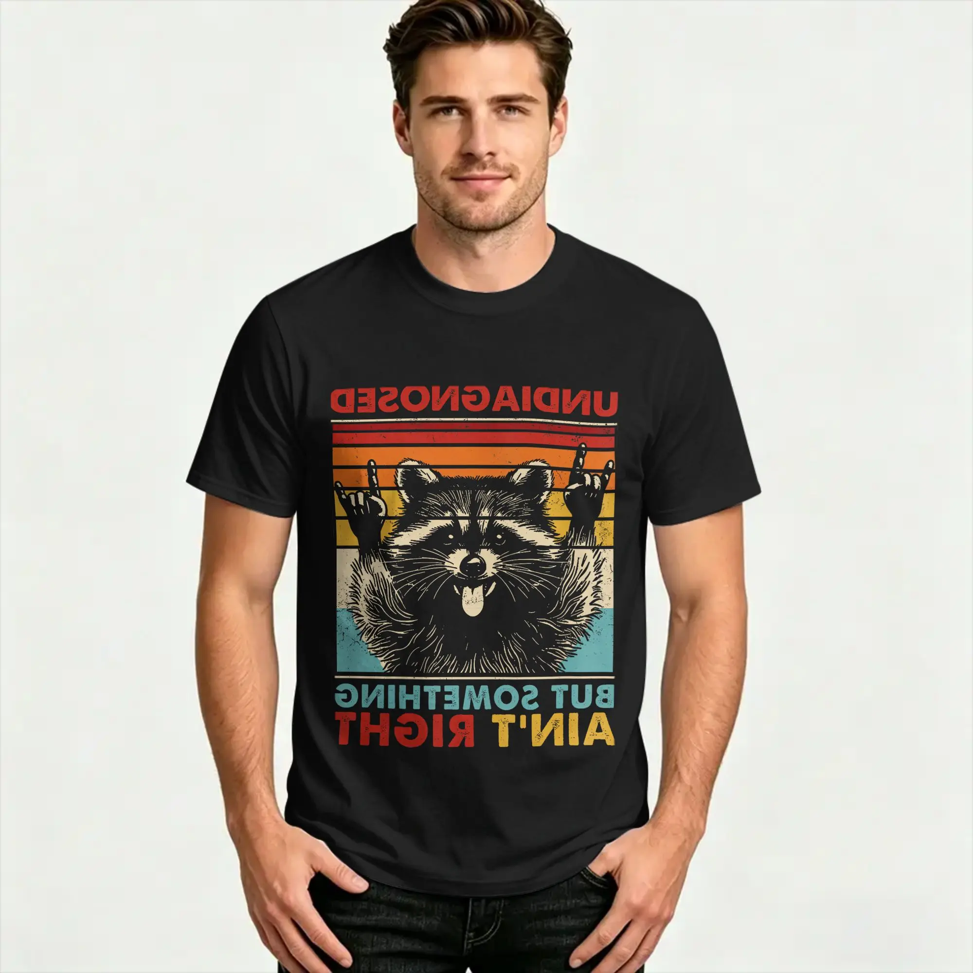 Undiagnosed But Something Aint Right Raccoon Meme T-Shirt Beach  Pure Cotton T-Shirts For Mens Short Sleeve Y2K Funny Top Tees