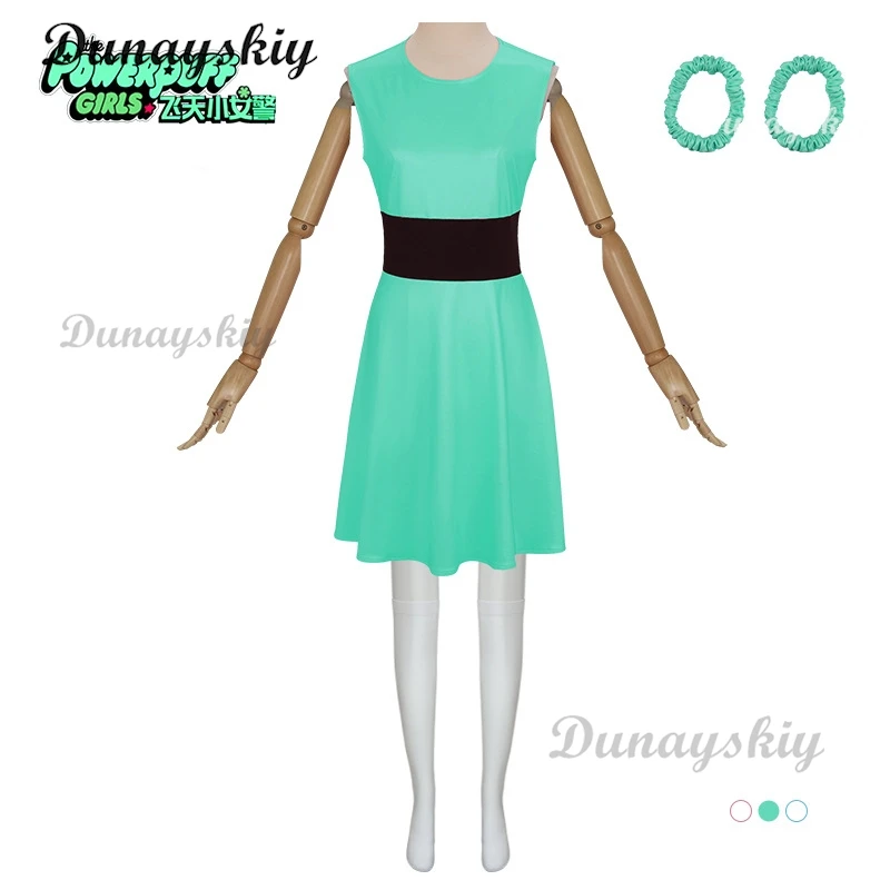 Powerpuff cosplay meninas traje peruca flor buttercup bolhas traje rosa verde azul vestido feminino cinto conjunto vestido de halloween