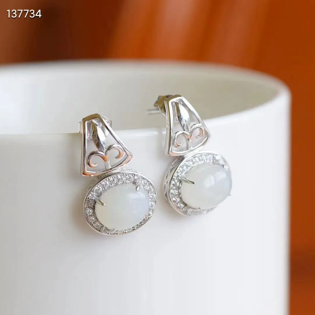 Natural 100% real 925 sterling silver flower mosaic white hetian jade round beads fashion Earrings temperament women earrings