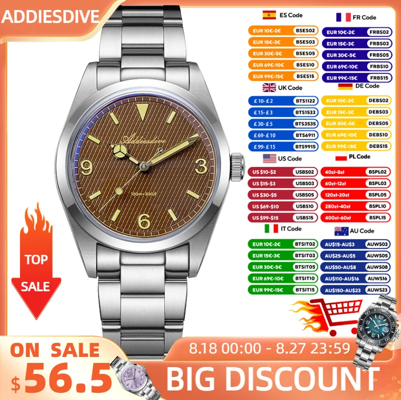 

ADDIESDIVE 36mm Luxury Dress Watch Retro Luminous Bubber Domed Glass 100m Waterproodf Swim 316L Stainless Steel Business Watch
