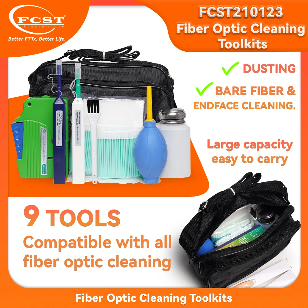 

FCST 9PCS Fiber Optic Cleaning Toolkit 550 Times Cleaner Cleaning Swab Pen SC/FC/ST /LC Alcohol Bottle Swab Air Blowing Ball