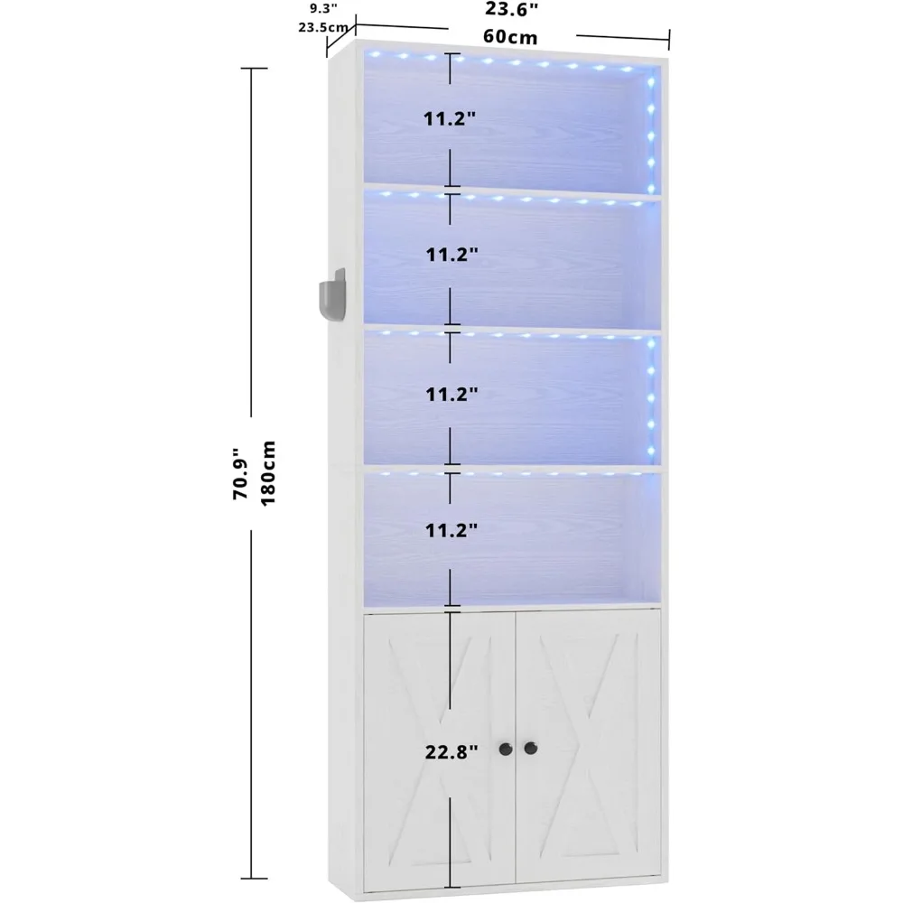 Tall Bookcase With LED Lights 70 in Industrial Bookshelf Display Shelf Floor Standing for Home Office Living Room Wooden Storage