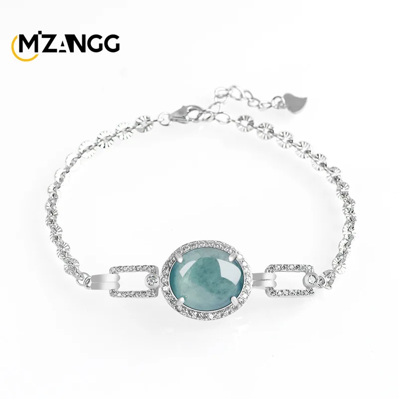 Natural Jadeite Blue Water Egg Bracelet S925 Silver Inlaid with Fashionable Charm Ice Jade Bracelet High-grade Ladies Gift