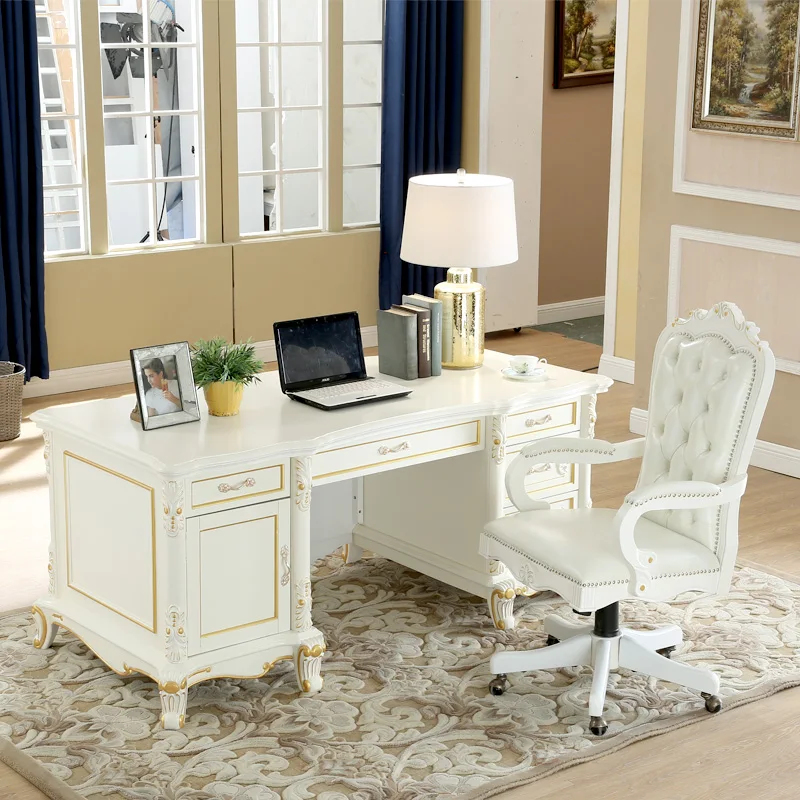 American  solid wood carving flower computer home writing  European desk white study furniture set combination