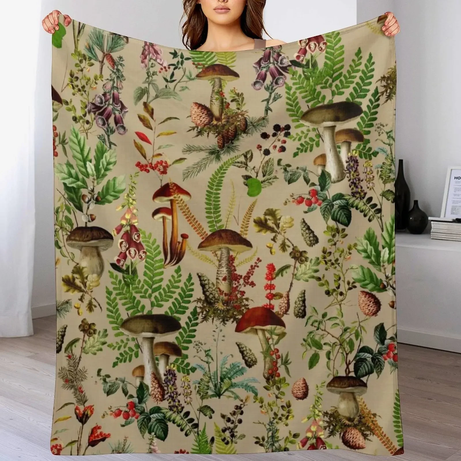 

Vintage Mushrooms Forest Botanical Pattern - Sepia Beige Throw Blanket Heavy manga Blankets Sofas Of Decoration Thins Blankets