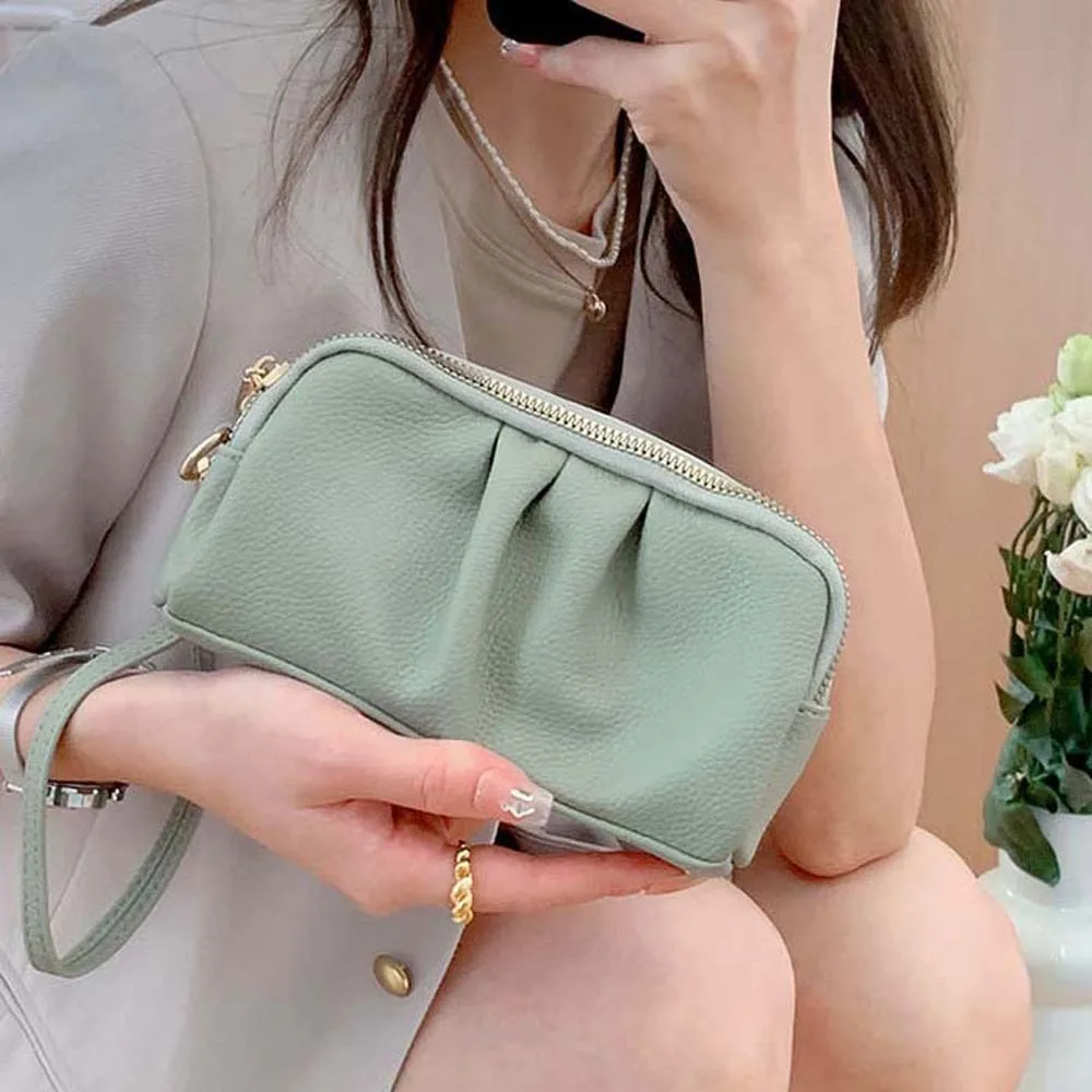 

PU Leather Long Zip Wrist Bag Pleated Large Capacity Versatile Lady Wallet Waterproof Multi-function Female Phone Purse Work