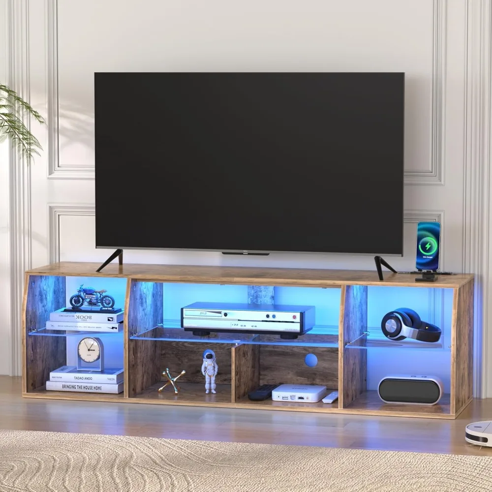 TV Stand with LED Strip & Power Outlets, Industrial Entertainment Center for 45/50/55/60/65/70 inch TVs,