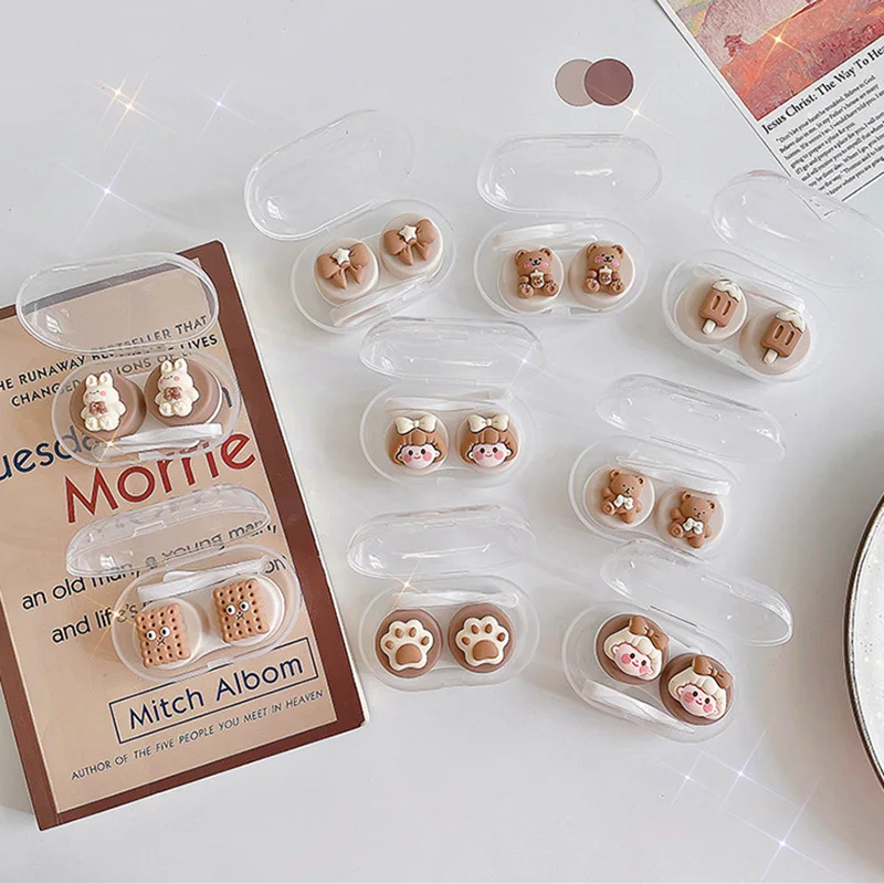 Kawai الكرتون عدسات لاصقة صندوق القهوة الفاكهة البطيخ Bowknot عدسات لاصقة ستيريو للعيون صندوق العناية بالعين مع الملقط