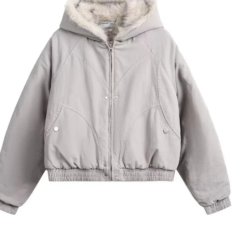 Coréen 2025 nouveau hiver noir à manches longues coton fermeture éclair en peluche veste femmes gris à capuche court Parkas chaud manteau décontracté Streetwear