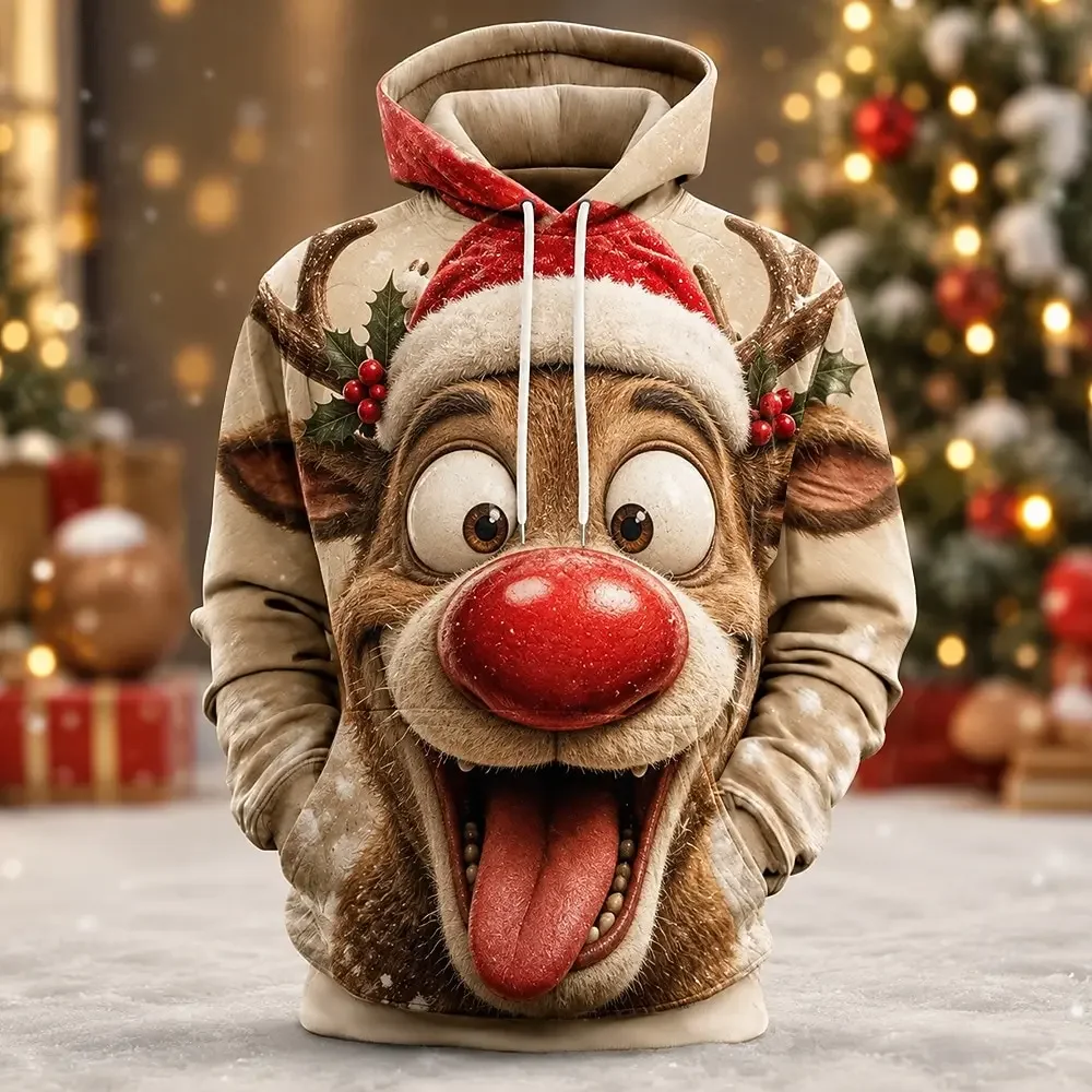 Men's Christmas Hoodie 3D Cute Penguin Santa Hat Print Casual Sweatshirt Kangaroo Pocket Long Sleeve Xmas Holiday Pullover Tops